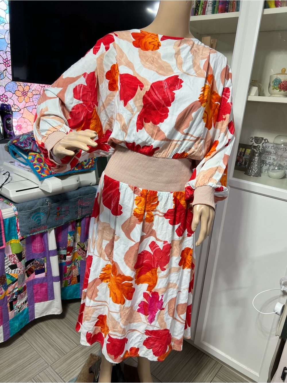 Maeve White Midi Dress with Red, Orange, Pink Floral Print